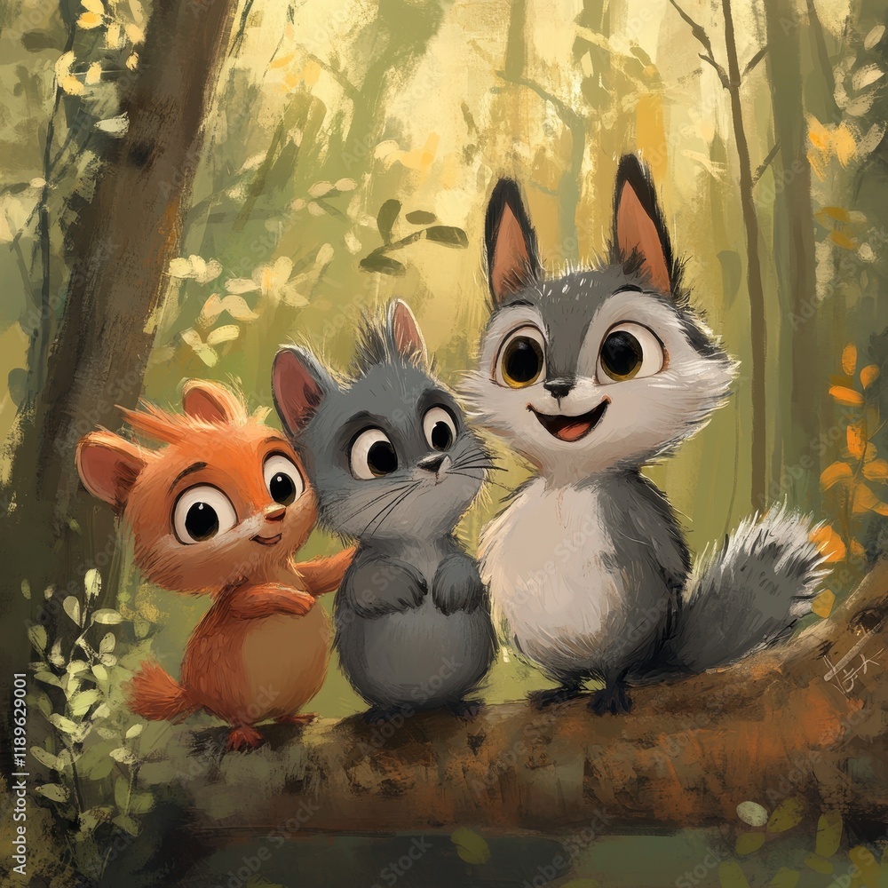 Obraz premium Three Adorable Cartoon Animals Sitting On A Log In A Forest