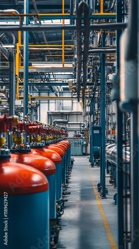 Modern factory specializing in gas cylinder production, showcasing organized rows of industrial equipment and advanced manufacturing technology photo