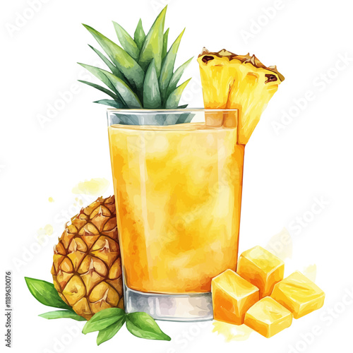 A watercolor of mango pineapple juice, isolated on a white background. Mango pineapple juice vector.
