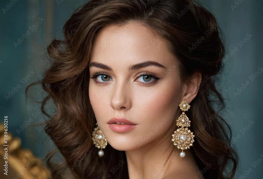 A woman with elegant, wavy hair adorned with sparkling earrings, set against a soft blue-green background. A woman with elegant, wavy hair adorned with sparkling earrings, set against a soft blue-green background.