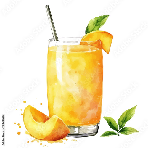 A watercolor painting of mango juice, isolated on a white background. Mango juice vector.
