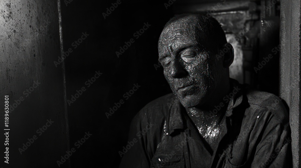 Fototapeta premium Weathered man, coal dust on face, dark, monochrome, pensive expression, sitting, shadows, grunge, tired, lonely.