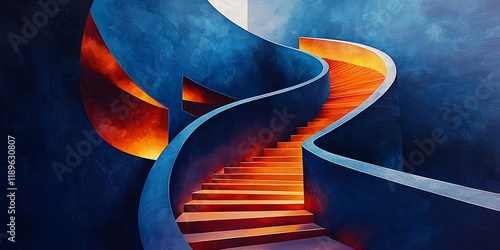 Abstract curved stairway with orange and blue lighting.