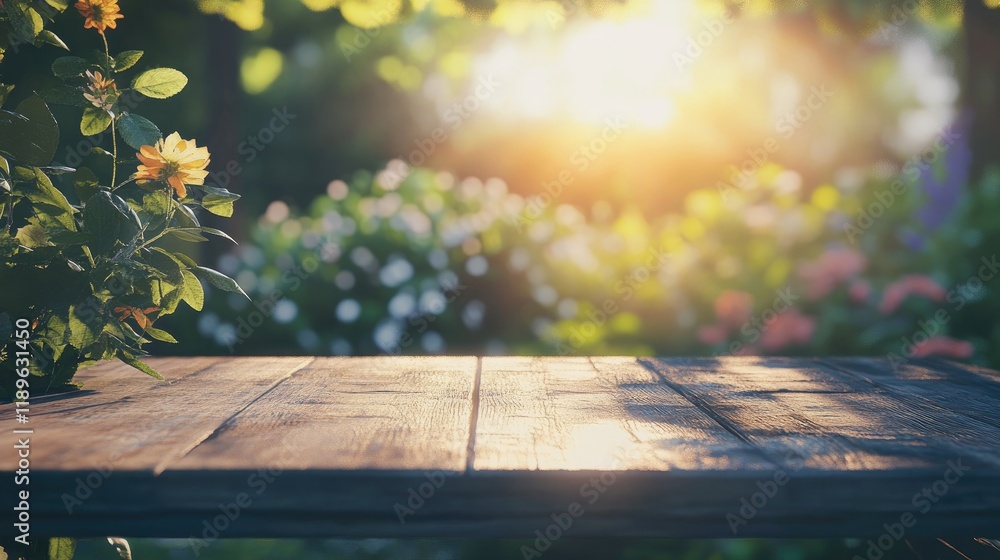 Naklejka premium Sunset Garden: Wooden Table in a Serene Bloom