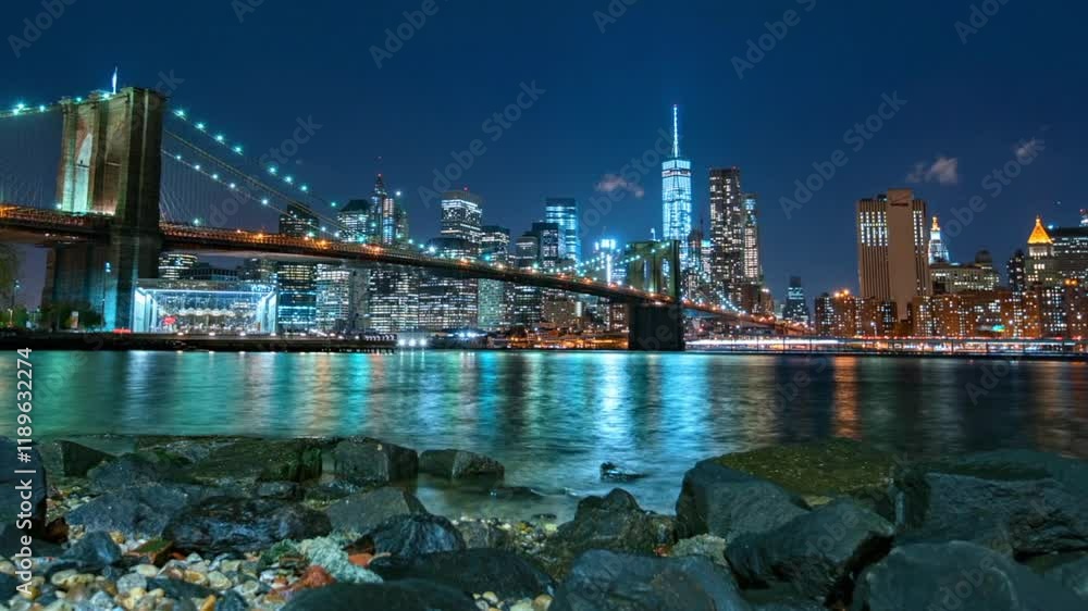 Lockdown Time Lapse Shot Of Brooklyn Bridge In Modern Illuminated City At Night - New York City, New York Lockdown Time Lapse Shot Of Brooklyn Bridge In Modern Illuminated City At Night - New York City, New York