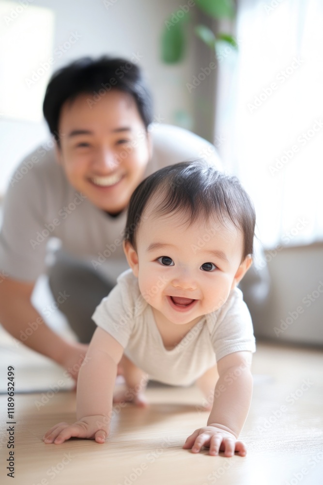 Father and baby bonding time in bright home setting Father and baby bonding time in bright home setting