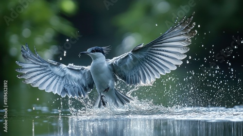Bird taking flight from lake, splashing water, green background, nature photography