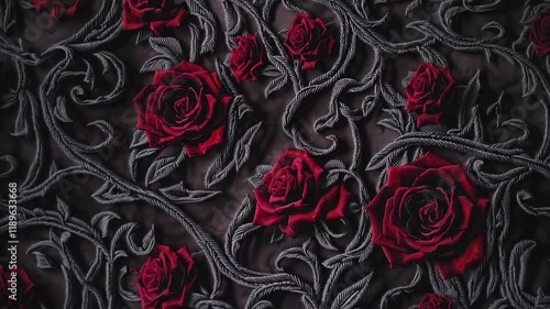 elegant fabric pattern with detailed, raised red roses and intricate vines, creating a luxurious and gothic design