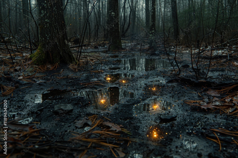 Fototapeta premium A forest scene with a pond in the middle