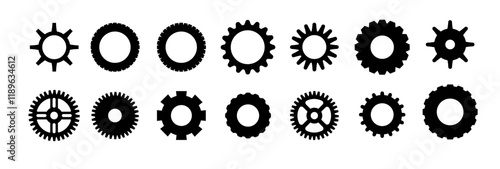 Gears shapes line icons. Flat machine gear icon. Wheel cogwheel vector. Simple outline isolated elements. Black gear.