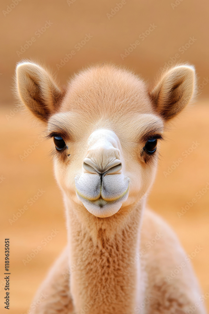 Obraz premium Cute funny baby camel on the background of natural landscape, beautiful scene 