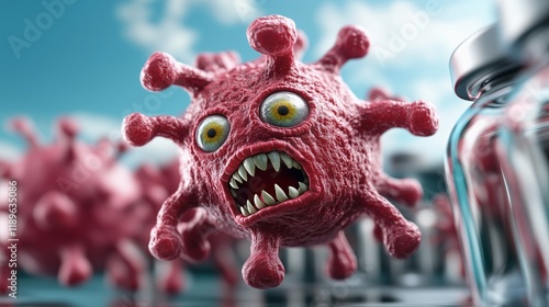 3D illustration of a terrifying red virus, inside a lab with mutlple other viruses