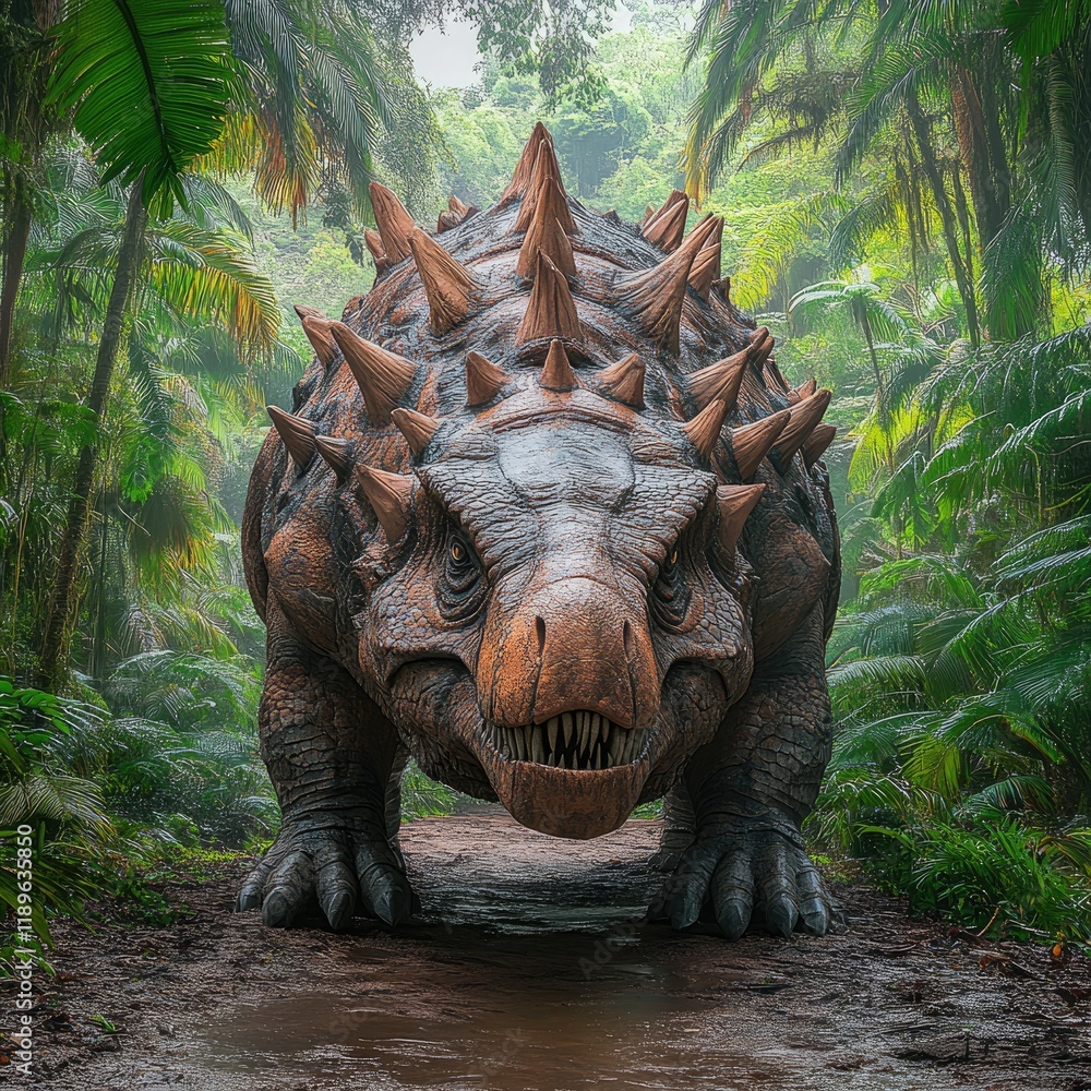 Fototapeta premium Spiked Dinosaur Walking Through a Dense, Lush Jungle Pathway