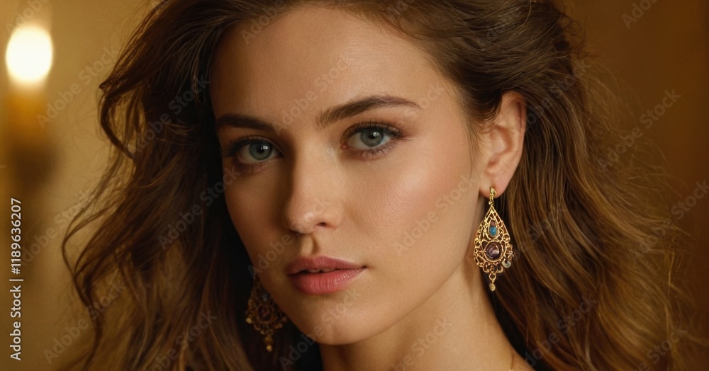 Fototapeta premium A woman with long, wavy hair wearing elegant earrings, posed against a softly lit background
