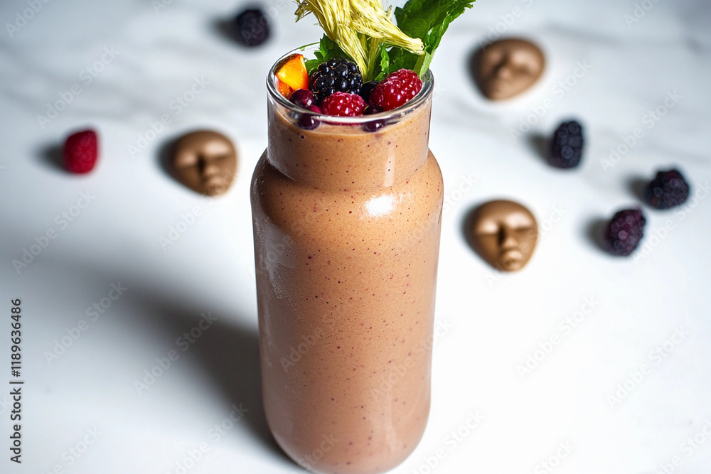 Smoothie filled with berries and garnished with mint placed on a marble surface Smoothie filled with berries and garnished with mint placed on a marble surface