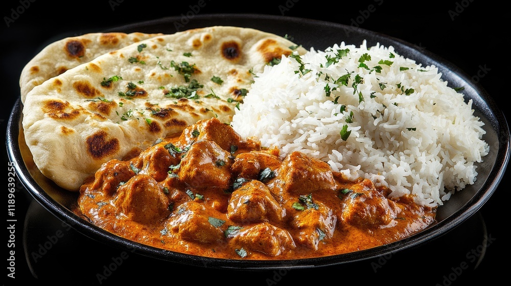 A vibrant plate of butter chicken served with naan and basmati rice. A vibrant plate of butter chicken served with naan and basmati rice.
