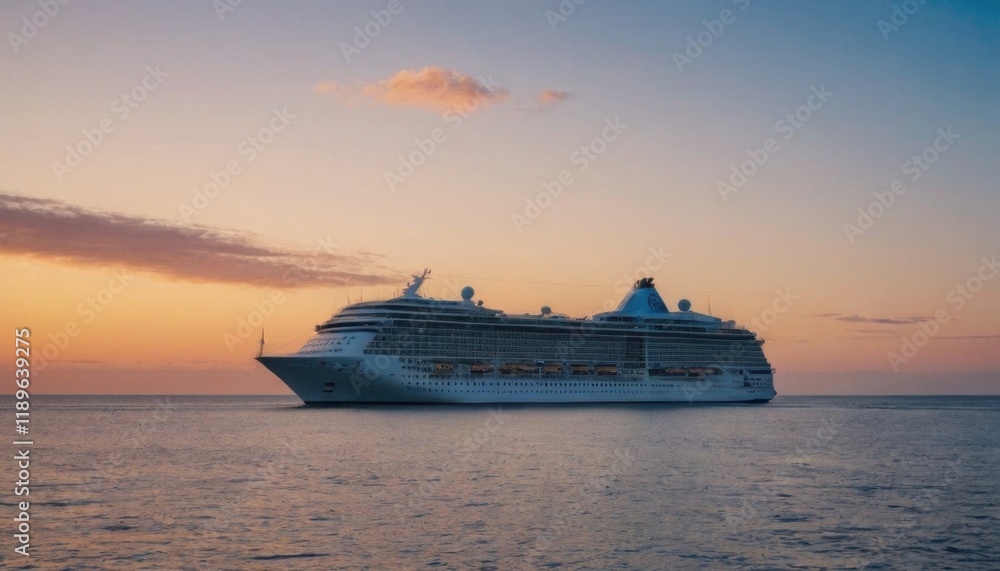 A large cruise ship sailing on calm waters during a vibrant sunset, with colorful clouds reflecting on the horizon A large cruise ship sailing on calm waters during a vibrant sunset, with colorful clouds reflecting on the horizon