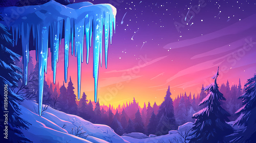 Winter landscape with crystallized icicles dripping like diamonds. Crystalshade. Illustration photo