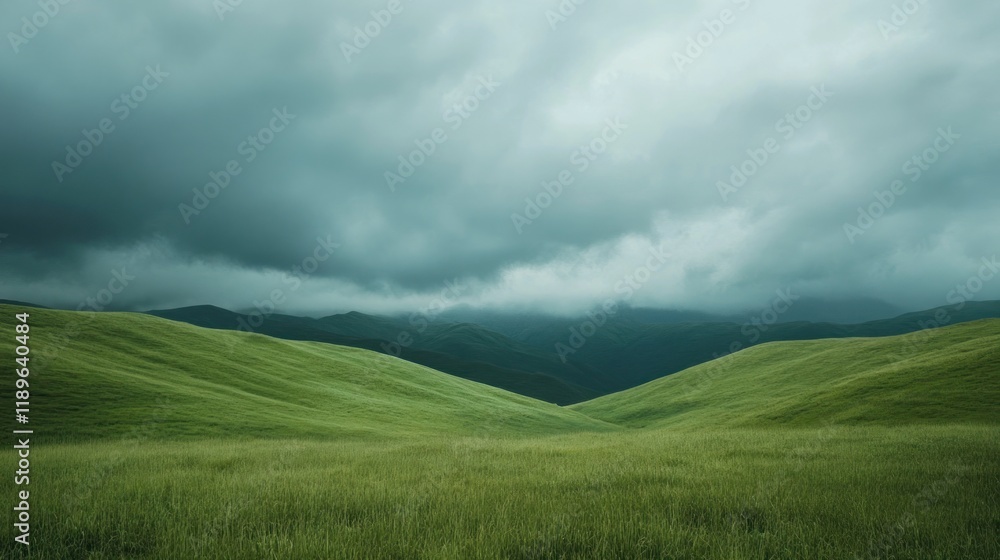 Rolling green hills under a dramatic, cloudy sky. Rolling green hills under a dramatic, cloudy sky.