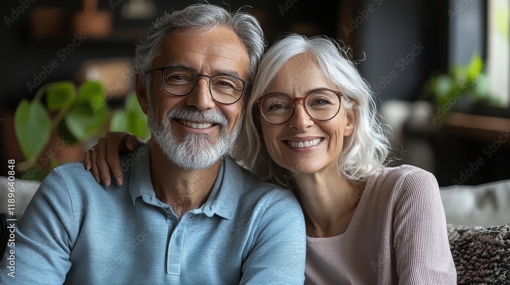 Fototapeta premium A happy elderly couple smiling together at home, showcasing love and companionship.