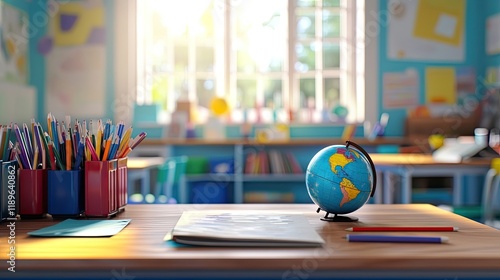 A vibrant classroom setup with colorful stationery, books, and a globe on a neatly arranged desk.