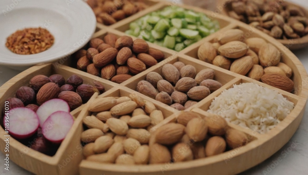 A wooden platter divided into sections holds various nuts, seeds, and radishes, with a small bowl of spices on the side A wooden platter divided into sections holds various nuts, seeds, and radishes, with a small bowl of spices on the side