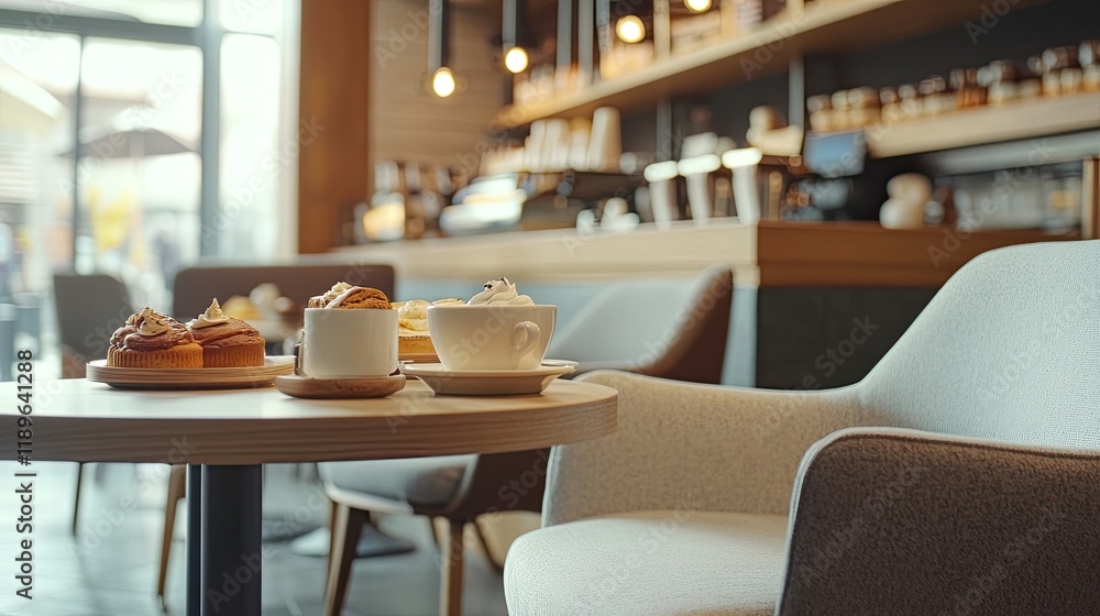 A trendy caf?(C) within a retail space, featuring stylish seating and delicious pastries on display, inviting customers to relax, A trendy caf?(C) within a retail space, featuring stylish seating and delicious pastries on display, inviting customers to relax,
