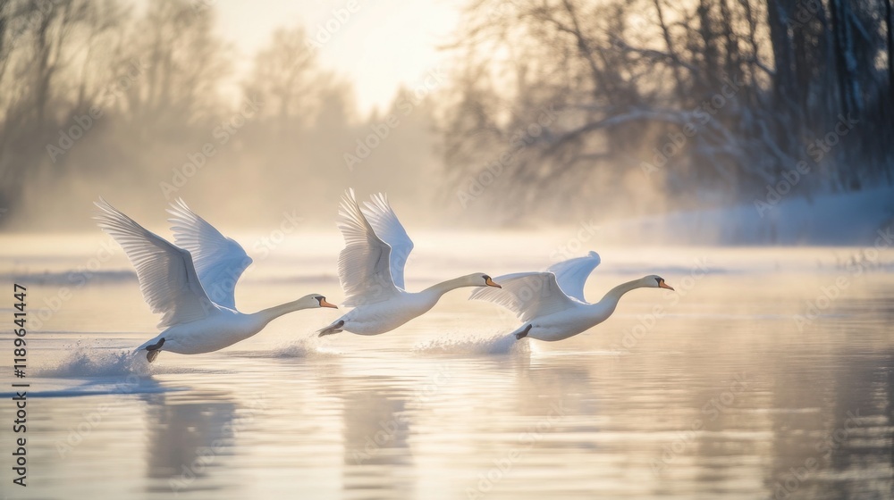 Obraz premium Swans gracefully taking flight over a calm winter lake with golden sunlight and soft mist creating a serene atmosphere