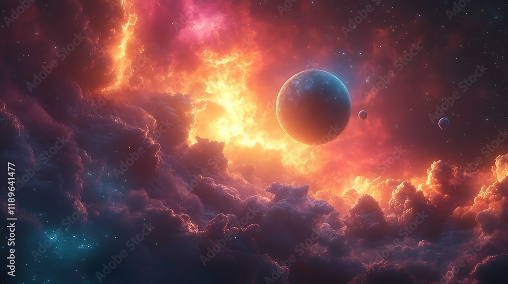 Fiery nebula with planets and cosmic clouds. Fiery nebula with planets and cosmic clouds.
