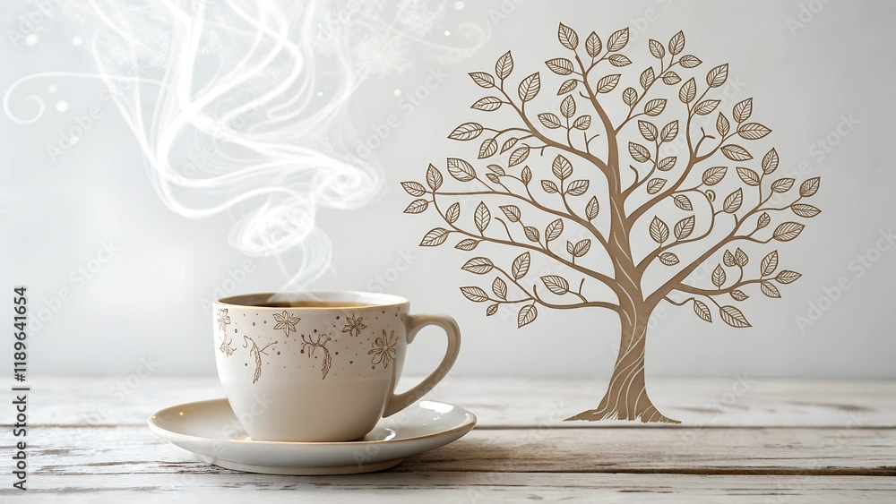 Fototapeta premium A cozy illustration of a steaming cup of tea and a delicate tree drawing on a white background. The composition evokes feelings of warmth, comfort, and tranquility.