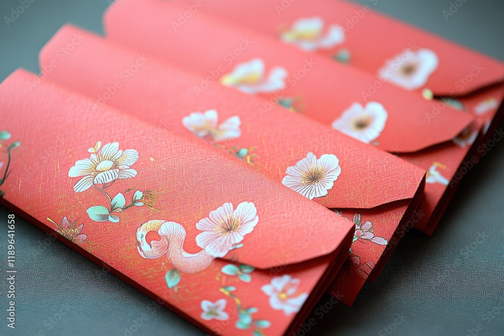Red envelopes with floral designs, stacked neatly. Perfect for gifting or celebrations. Red envelopes with floral designs, stacked neatly. Perfect for gifting or celebrations.