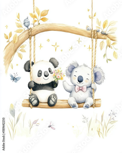 Cute panda and koala sitting on swing surrounded by flowers and butterflies, creating joyful and whimsical atmosphere. Perfect for children decor or illustrations photo