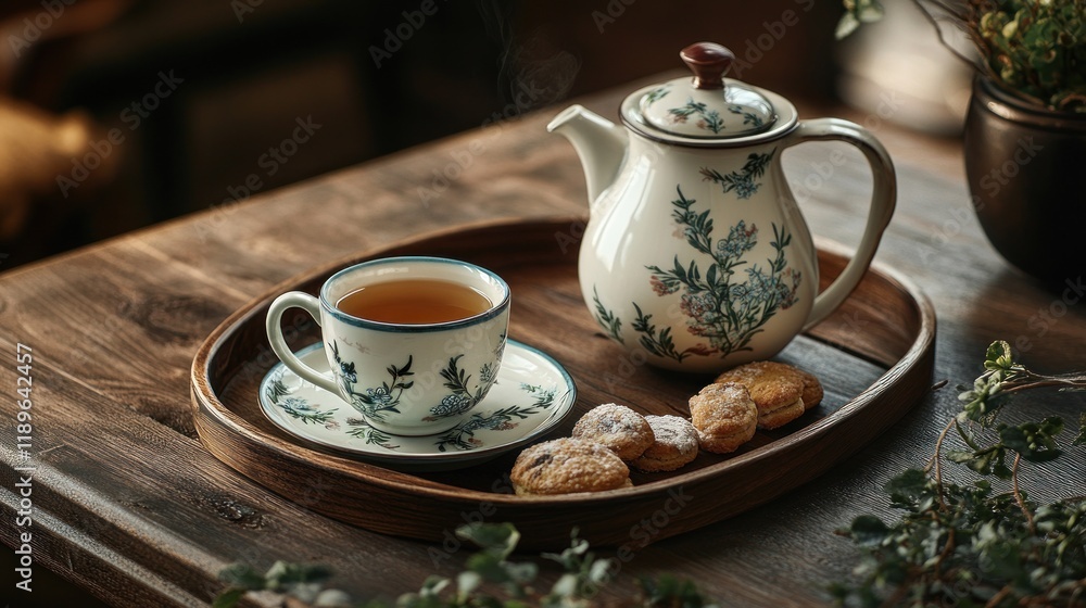Fototapeta premium Tea set with cookies on wooden tray.