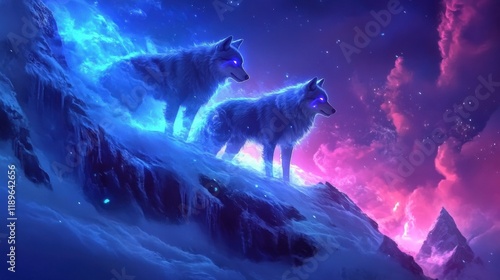 A pair of wolves standing on a snowy hill with glowing eyes, mystical aura photo