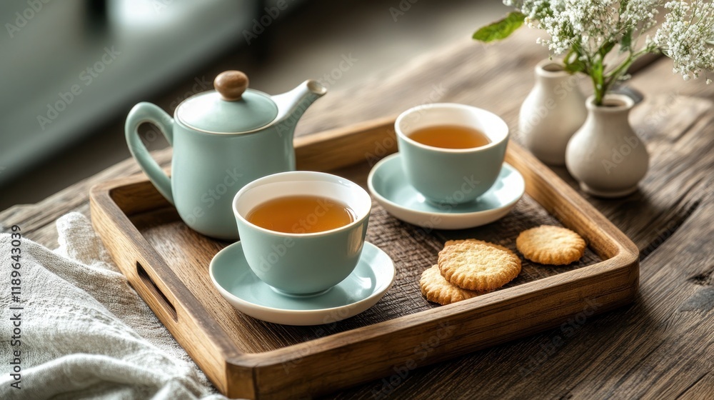 Tranquil tea time scene with teapot, cups, cookies, and flowers on wooden tray. Tranquil tea time scene with teapot, cups, cookies, and flowers on wooden tray.