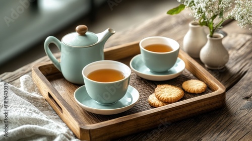Tranquil tea time scene with teapot, cups, cookies, and flowers on wooden tray.