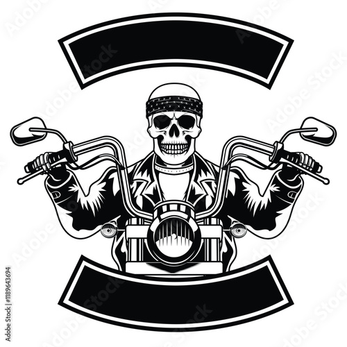 Skull ride motorcycle vector illustration. Black and white biker, badge, rider emblem design	