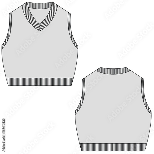 Cropped sweater vest template design, front and back view	