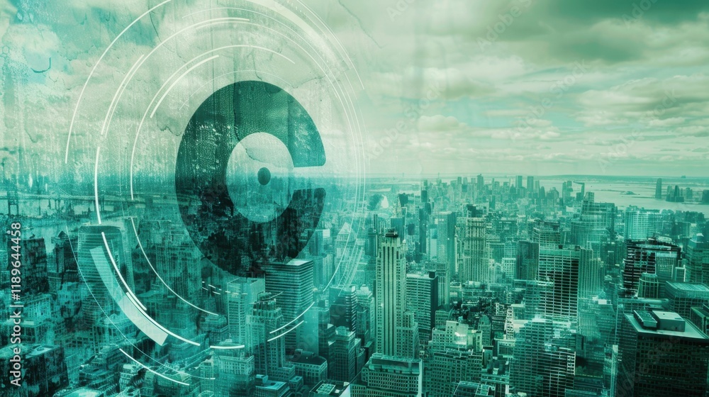 futuristic cityscape with digital overlay, showcasing skyscrapers and circular graphic element. green tint adds modern, tech inspired feel to urban environment futuristic cityscape with digital overlay, showcasing skyscrapers and circular graphic element. green tint adds modern, tech inspired feel to urban environment