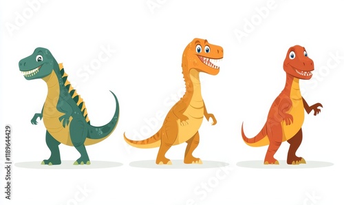 Illustrated in a charming doodle style, these hand-drawn dinosaur characters are ideal for nursery posters, cards, and kids' t-shirts. They are set against a clean white background with a modern photo