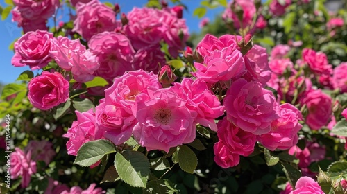 Vibrant pink roses bloom in lush garden under clear blue sky, creating stunning display of nature beauty and color