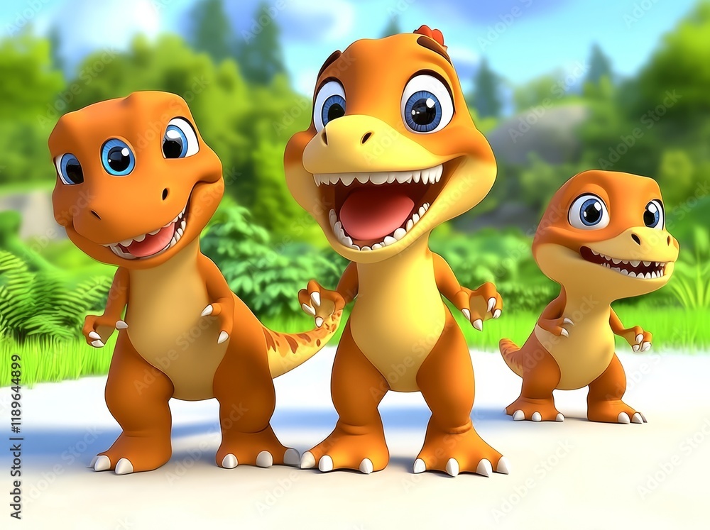 Fototapeta premium Cartoon dinosaurs. Cute dino, dinosaur and palm. Colorful wildlife characters, prehistoric predator. Humorous baby animals, vibrant modern collection