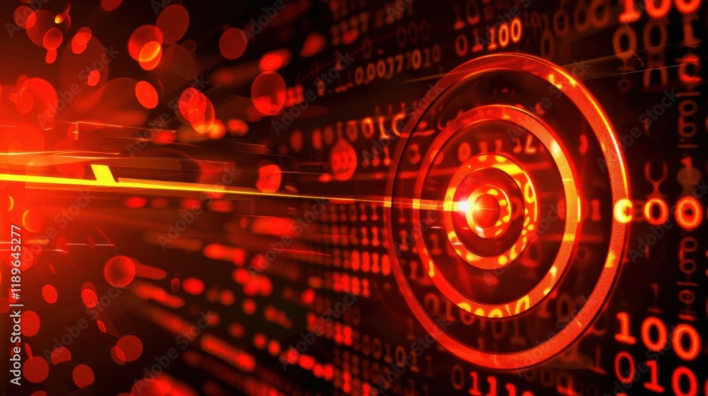 Abstract digital background with red binary code and target symbol, representing technology and data security. vibrant colors create dynamic and engaging visual experience Abstract digital background with red binary code and target symbol, representing technology and data security. vibrant colors create dynamic and engaging visual experience
