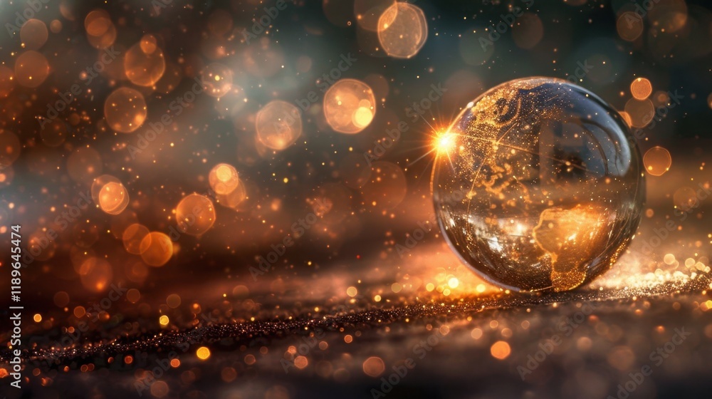crystal globe reflecting sparkling background with warm bokeh lights creates magical atmosphere. intricate details of globe enhance its beauty and allure crystal globe reflecting sparkling background with warm bokeh lights creates magical atmosphere. intricate details of globe enhance its beauty and allure