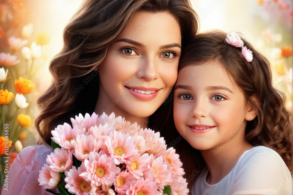 portrait of beautiful mother with daughter in spring garden portrait of beautiful mother with daughter in spring garden