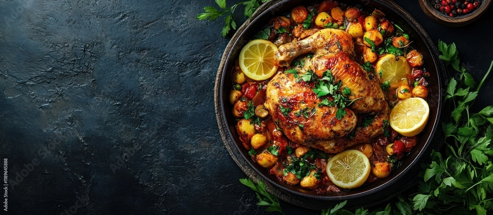 Flavorful and Comforting Roasted Chicken Dish with an Array of Vibrant Vegetables and Aromatic Herbs Artfully Arranged on a Rustic Wood Platter Flavorful and Comforting Roasted Chicken Dish with an Array of Vibrant Vegetables and Aromatic Herbs Artfully Arranged on a Rustic Wood Platter
