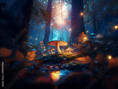 Enchanted forest at night, glowing mushrooms and fireflies illuminate a mystical background.  A small stream flows nearby. photo