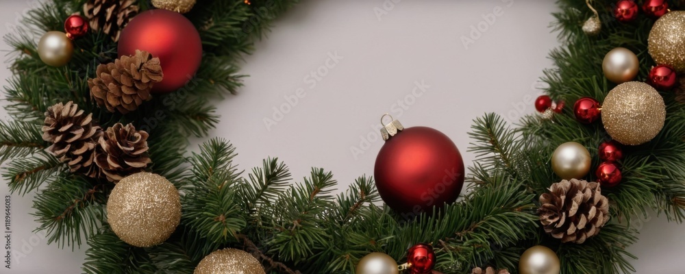 A festive Christmas wreath adorned with red and gold ornaments, pinecones, and lush greenery, creating a warm holiday atmosphere A festive Christmas wreath adorned with red and gold ornaments, pinecones, and lush greenery, creating a warm holiday atmosphere