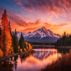 Leinwandbilder Purpur autumn landscape with lake and mountains. colorful mountains in the foreground  © Quantumo0o