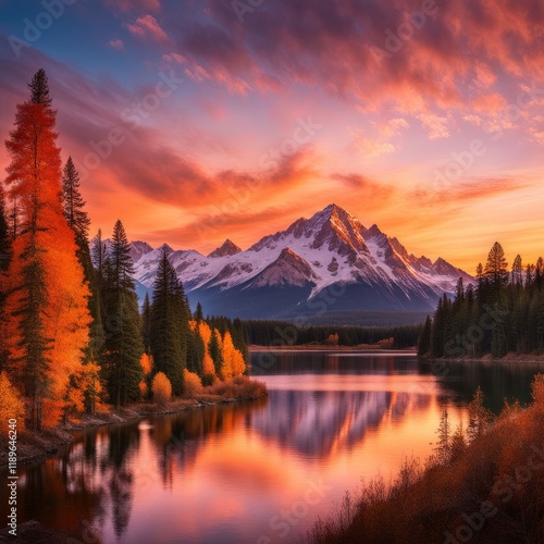 autumn landscape with lake and mountains. colorful mountains in the foreground